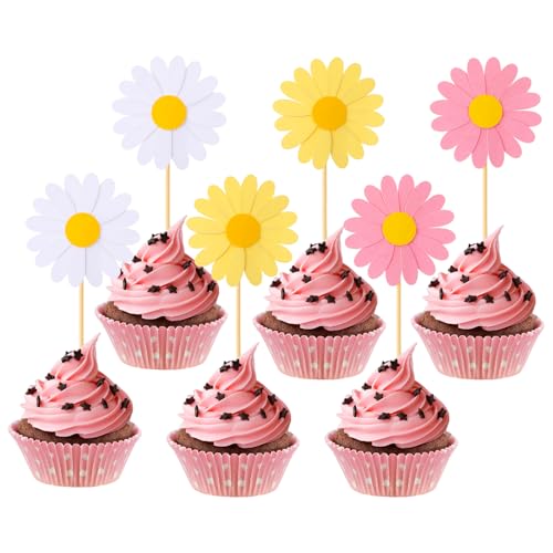 24Stück Gänseblümchen Blumen Pappbecher Kuchendeko Cupcake Topper Blumen Gänseblümchen Tortendeko Cupcake-Dekorationen Blumen-Kuchen-Dekorationen Für Geburtstags und Hochzeitsbedarf (Weiß, Rosa, Gelb) von KALIONE