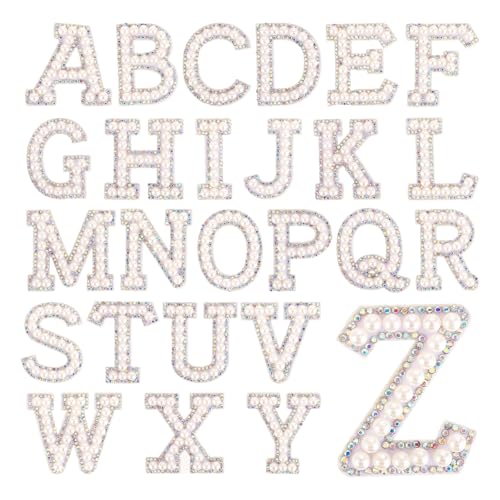 26 Stück Perlen Buchstaben Aufbügeln A-Z, Buchstabenflicken mit Strasssteinen, selbstklebende Alphabet-Applikation zum Aufnähen für Kleidung, glitzernde Buchstabenflicken mit Perlen zum Au von KALIONE