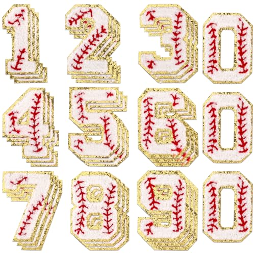 30 Stück Baseball-Nummern-Aufnäher zum Aufbügeln, Nummer 0–9, Baseball-Nummern-Stil, bestickte Applikation, Sport-Patches für Taschen, Hüte, DIY, Kleidung, Jacken, Rucksäcke, Reparatur (weiß) von KALIONE