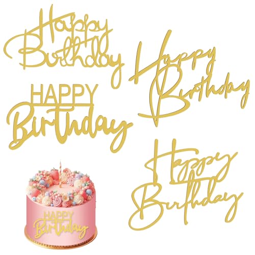 4 Stück Happy Birthday Tortendeko, 4 Stile Cake Topper Happy Birthday Acryl goldene doppelseitige Glitzerbuchstaben Geburtstagskuchendekorationen goldener Kuchenaufsatz Kuchenbuchstaben von KALIONE