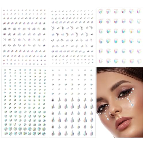 5 Bögen Glitzersteine Selbstklebend, Herz, Stern, Mond, Strasssteine Selbstklebend Aufkleber Strass Haar-Edelsteine Make-up Edelsteine Strasssteine ​​fürs Gesicht Make-up für Frauen Kunstdekoratione von KALIONE