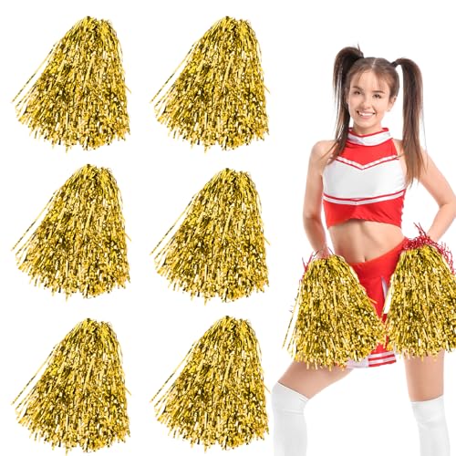 KALIONE Cheerleader-Pompons mit Griff, Cheerleader-Pompons, Metallfolie, Pompons für Sport, Team, Geist, Party, Tanz, Gold, 6 Stück von KALIONE