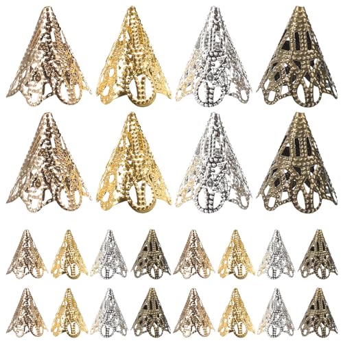 KALLORY Lange Blumen-Perlenkappen, hohle Metall-Endkappen für Schmuck, 4 Farben, DIY-Armband-Zubehör (23 mm), 120 Stück von KALLORY