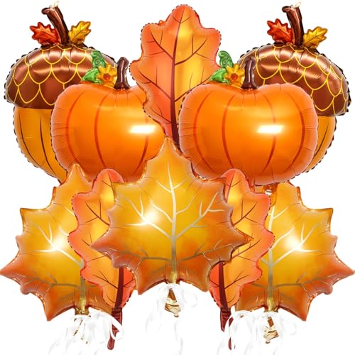 KALOR 10 Stück Herbst-Thanksgiving-Luftballons, Kürbis-Ahornblatt-Tannenzapfen, Mylar-Folienballons für Herbst, Ernte, Erntedankfest, Mottoparty-Dekorationen, Zubehör von KALOR