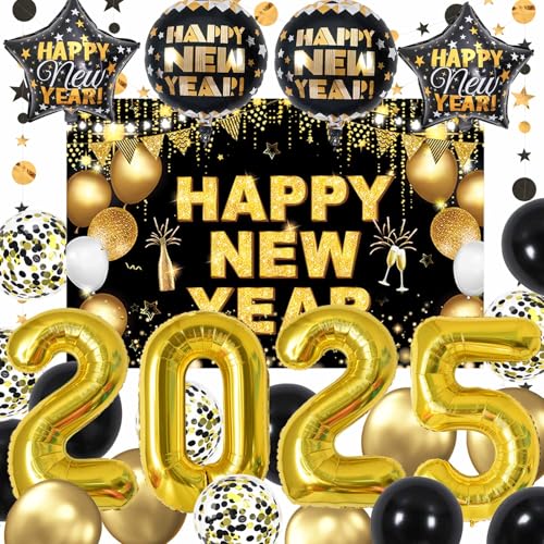 KALOR Silvester Party Supplies 2025 Set, 70 Stück Silvester Party Dekoration 2025, Happy New Year Banner 2025, Gold 2025 Luftballons Zahl, Happy New Year Hintergrund 2025 für Happy New Year von KALOR