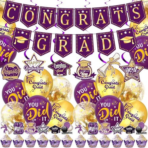 Lila und Gold 2025 Graduation Dekorationen Set, Congrats Grad Banner, Lila hängende Wirbel Gold Grad Ballons für Grad Party Dekoration Supplies von KALOR