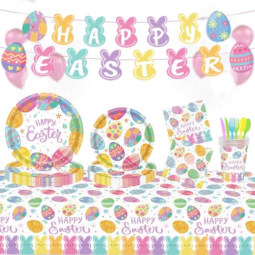 Oster-Pappteller und Servietten-Set für 25 Stück, buntes Ostergeschirr, Eier, Banner, Teller, Servietten, Gabeln, Tischdecke für Ostern, Partyzubehör von KALOR