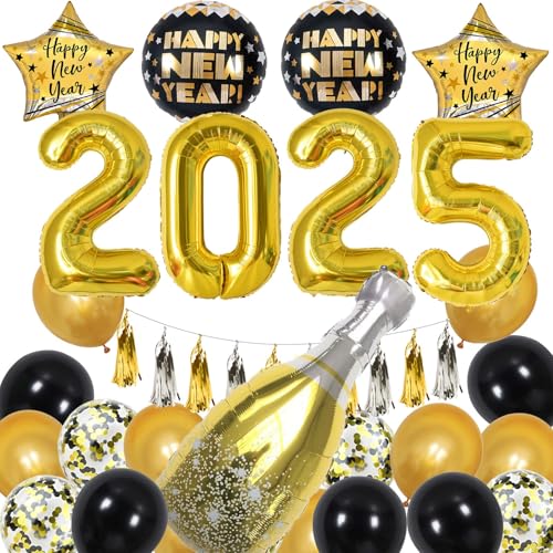 Silvester Party Supplies 2025, Happy New Year Dekorationen 2025 Banner Schwarz Gold Luftballons Neujahr Flasche Kelch Stern Luftballons Quasten Hängen für Silvester Party Dekorationen von KALOR