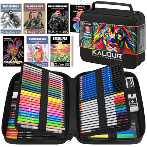 KALOUR PDAS 109 Zeichen Set Skizzenset, Pro Kunstbedarf mit Neon-, Farbstiften, Aquarell-, Metallic-, Graphit- und Kohlepenseln, 6 Skizzenbüchern und Malbuch, Geschenk für Erwachsene, Teenager von KALOUR PDAS