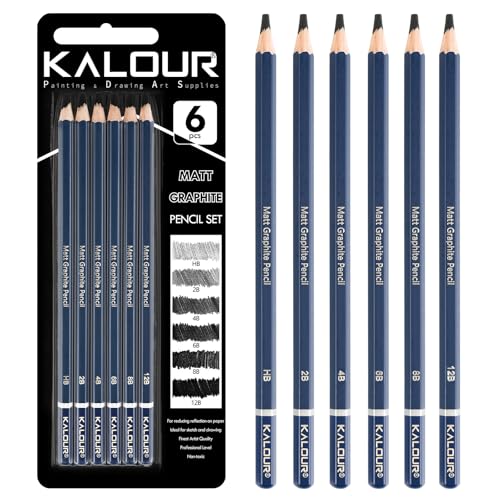 KALOUR PDAS 6-teiliges Matt-Grafit-Bleistift-Set (HB, 2B, 4B, 6B, 8B, 12B), professionelles Zeichen- und Skizzier-Bleistift-Set, ideal zum Zeichnen, Skizzieren, Schattieren, Anfänger und Künstler von KALOUR PDAS