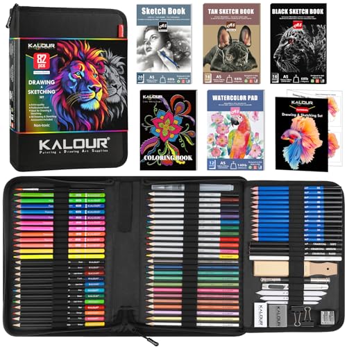 KALOUR PDAS 82 Zeichen Set Skizzenset, Pro Kunstbedarf mit Neon-, Farbstiften, Aquarell-, Metallic-, Graphit- und Kohlepenseln, 5 Skizzenbüchern und Malbuch, Geschenk für Erwachsene, Teenager von KALOUR PDAS