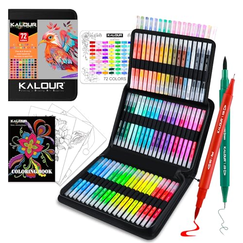 KALOUR 72 Kunst-Marker-Stifte-Set, Doppelspitzenpinsel und feine Spitze, Farbnummer und Name, Reißverschluss-Etui, Erwachsenenmalerei, Schriftzug, Zeichnung von KALOUR