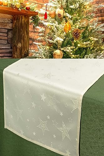 KAMACA Lotus Effekt Tischdecke Magic Stars mit Sternen Motiv - mit FLECKSCHUTZ - Flüssigkeiten perlen einfach ab Winter Weihnachten (Tischläufer 40x140 cm, Champagner/Creme) von KAMACA