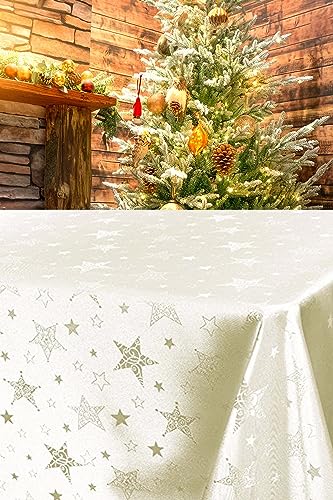 KAMACA Lotus Effekt Tischdecke Magic Stars mit Sternen Motiv - mit FLECKSCHUTZ - Flüssigkeiten perlen einfach ab Winter Weihnachten (Tischdecke 150x250 cm, Champagner/Creme) von KAMACA