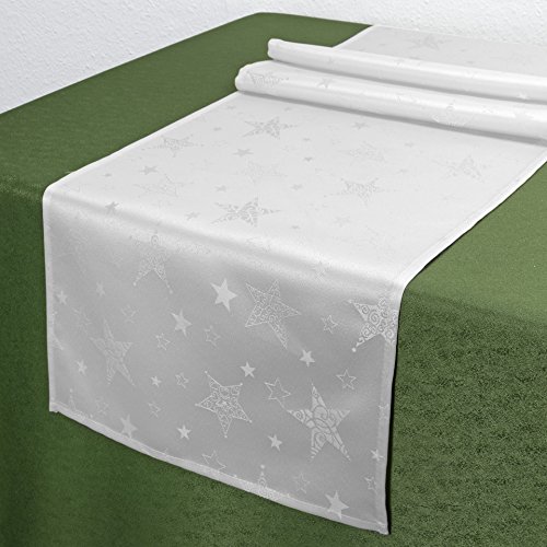 KAMACA Lotus Effekt Tischdecke Magic Stars mit Sternen Motiv - mit FLECKSCHUTZ - Flüssigkeiten perlen einfach ab Winter Weihnachten (Tischläufer 40x140 cm, Weiß) von KAMACA