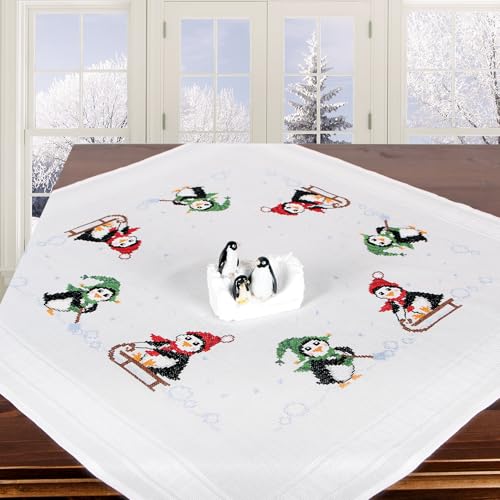 KAMACA Stickpackung Tischdecke Kreuzstich vorgezeichnet komplettes Stickset mit Stickvorlage Stickerei-Kit zum Selbersticken Erwachsene (Pinguine im Winter MD 80x80 cm) von KAMACA