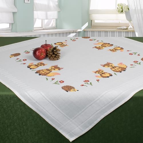 KAMACA Stickpackung Tischdecke Kreuzstich vorgezeichnet komplettes Stickset mit Stickvorlage Stickerei-Kit zum Selbersticken Erwachsene (Tiere des Waldes MD 80x80 cm) von KAMACA