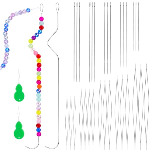 KAMAIKA 34 Stück Perlennadel Set, 2 gebogene Perlennadeln, 15 Perlennadeln mit großem Auge, 15 Lange gerade Perlennadelsätze, Gewindegerät, Schmuck Machen, Armbänder und Schmuck Werkzeuge von KAMAIKA