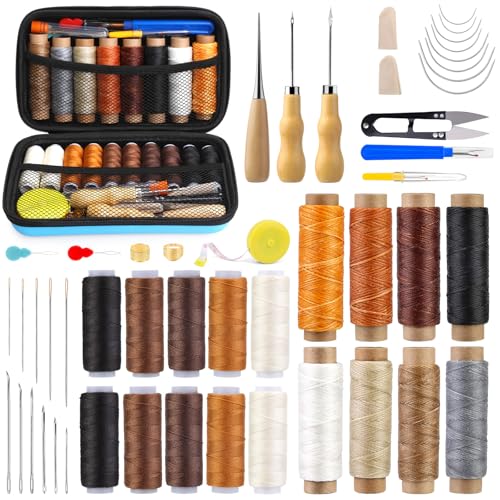 KAMAIKA 71 PCS Leder-Nähset, Polsterreparaturset, Professionell Leder Werkzeug, Hochleistungs-Nähset mit Leder Wachsfaden Nähnadeln, Ahle, Wachsfaden, für Handnähen, Reparaturen, DIY-Lederhandwerk von KAMAIKA