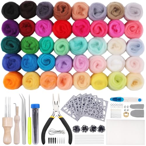 KAMAIKA Nadelfilz Set, Filzwolle Trockenfilzen Set mit 40 Farben Filzwolle Märchenwolle, 3 Größen Filznadeln, Nadelfilzen Starter Set für Hand Spinnen Nadel Filzen DIY Handwerk von KAMAIKA