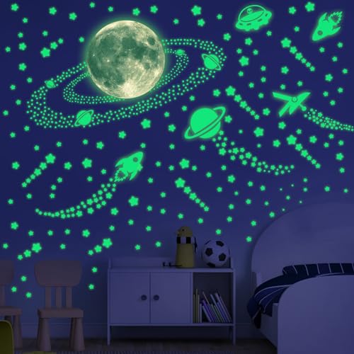 KAMEUN Weltraumthema Leuchtsterne Selbstklebend Wandsticker, Meteore Sterne und Mond Sternenhimmel Aufkleber Wanddeko, Leuchtsticker Wandtattoo für Kinderzimmer Schlafzimmer… von KAMEUN