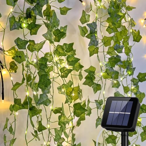 KAMEUN Lichterkette Efeu Künstlich 12M Außen Solar Efeugirlande mit 100LED 8 Modi Wasserdicht Solarlichterkette für Garten, Balkon, Hochzeit, Zaun, Camping, Weihnachten, Dekorationen von KAMEUN