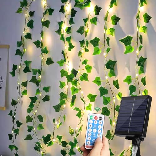 KAMEUN Lichterkette Efeu Künstlich 12M Außen Solar Efeugirlande mit 100LED 8 Modi Wasserdicht Solarlichterkette mit Timing-Funktion für Garten, Balkon, Hochzeit, Zaun, Weihnachten Dekorationen von KAMEUN