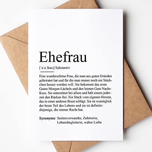 KAMEWI® Grußkarte EHEFRAU Definition | Klappkarte mit Briefumschlag aus Kraftpapier | Hochzeit Verlobung Geschenk Mr & Mrs Hochzeitskarte Trauzeugin Jahrestag Glücklich von KAMEWI