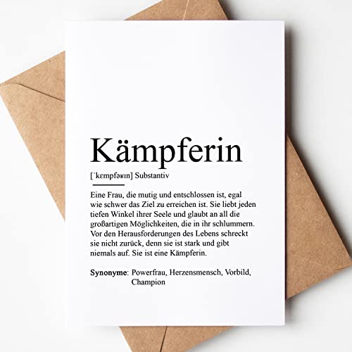 KAMEWI® Grußkarte KÄMPFERIN Definition | Klappkarte mit Briefumschlag aus Kraftpapier | Mutmacher Geschenk Aufmuntern Krebs Krebskämpfer Sternenmama Lieblingsmensch Beste Freundin Herzensmensch von KAMEWI