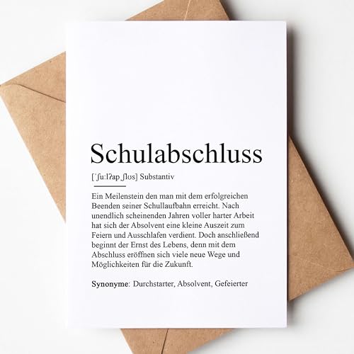 KAMEWI® Grußkarte SCHULABSCHLUSS Definition | Klappkarte mit Briefumschlag aus Kraftpapier | Gymnasium Schüler Oberstufe Student Geschenk Absolvent Abschluss von KAMEWI