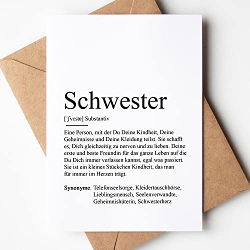 KAMEWI® Grußkarte SCHWESTER Definition | Klappkarte mit Briefumschlag aus Kraftpapier | Schwesterherz Geschenk Ankündigung Baby Geburtstag Familie Herzensmensch von KAMEWI