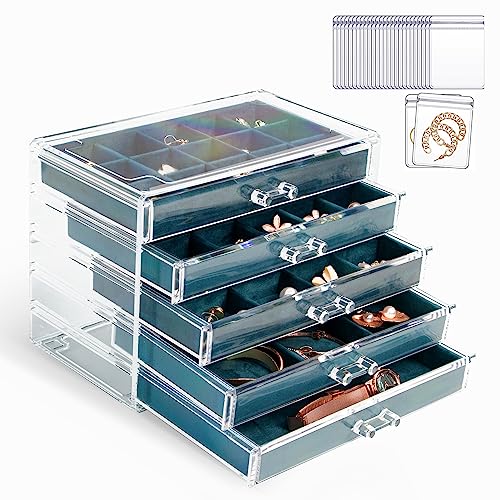 KAMIER Acryl Schmuckkästchen für Damen,Schmuckschatulle mit 5 Schubladen,Schmuckaufbewahrung mit 20 teiliges Transparentes Schmuckbeutel Set, für Ohrringe,Ringe,Halsketten,Armbänder,Vitrine,Pfauenblau von KAMIER