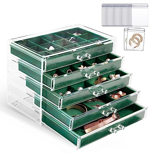 KAMIER Acryl Schmuckkästchen für Damen,Schmuckschatulle mit 5 Schubladen,Schmuckaufbewahrung mit 20 teiliges Transparentes Schmuckbeutel Set, für Ohrringe,Ringe,Halsketten,Armbänder,Vitrine, Grün von KAMIER