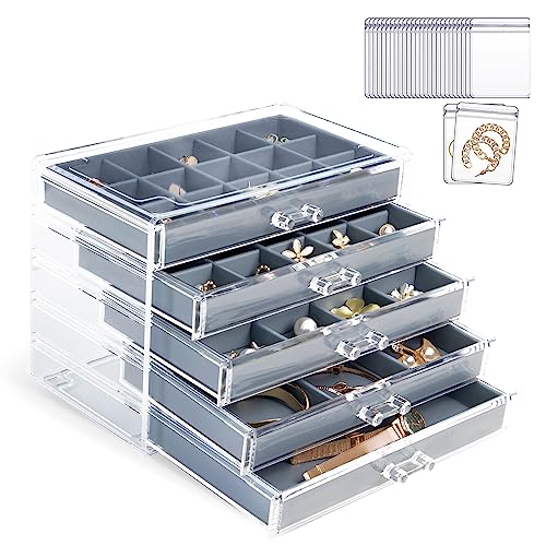 KAMIER Acryl Schmuckkästchen für Damen,Schmuckschatulle mit 5 Schubladen,Schmuckaufbewahrung mit 20 teiliges Transparentes Schmuckbeutel Set, für Ohrringe,Ringe,Halsketten,Armbänder,Vitrine, Blaugrau von KAMIER