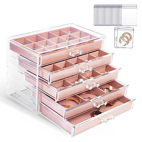 KAMIER Acryl Schmuckkästchen für Damen,Schmuckschatulle mit 5 Schubladen,Schmuckaufbewahrung mit 20 teiliges Transparentes Schmuckbeutel Set, für Ohrringe,Ringe,Halsketten,Armbänder,Vitrine, Rosa von KAMIER