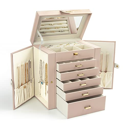 KAMIER Schmuckkästchen für Damen, große Schmuckschatulle mit 6 Ebenen, Schmuckbox mit Spiegel und 5 Schubladen, für Ringe, Ohrringe, Halsketten, Armbänder,Beige von KAMIER