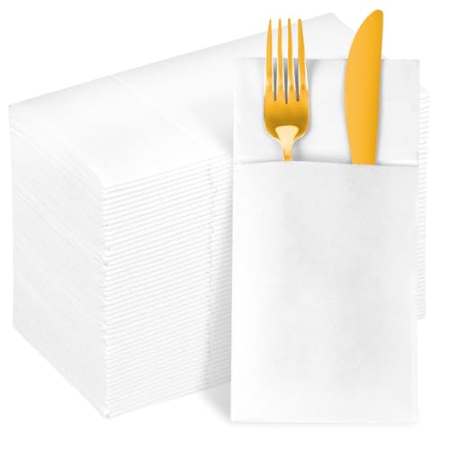 KAMMAK Weiße Servietten 100 stück, Weihnachtsservietten Groß, Stoffähnliche Servietten Weiss mit Bestecktasche, Saugfähige Einweg-Papierservietten für Partys, Hochzeiten, Geburtstag, Abendessen von KAMMAK