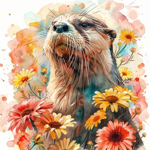 KANGBAWA Malen Nach Zahlen Erwachsene Aquarell Otter Tier Blumen (1) DIY Handgemalt Ölgemälde Kit für Anfänger und Erwachsene Mit 3-Pinseln und Acrylfarbe, Ohne Rahmen 40X50CM von KANGBAWA