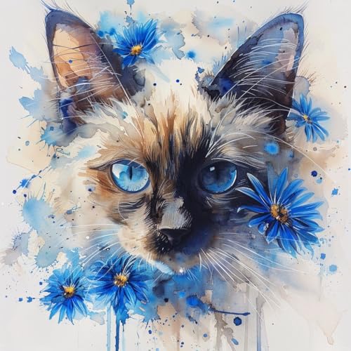 KANGBAWA Malen Nach Zahlen Erwachsene Blaues Gänseblümchen und Siamkatze Aquarell (9)- Bastelset Erwachsene Gemälde Leinwand 40x50 cm Mit Farbe und Pinsel - Geschenke und Maldekorationen von KANGBAWA