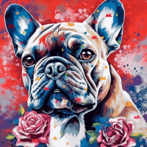 KANGBAWA Malen Nach Zahlen Erwachsene Französische Bulldogge mit Rose (6)- Bastelset Erwachsene Gemälde Leinwand 40x50 cm Mit Farbe und Pinsel - Geschenke und Maldekorationen von KANGBAWA