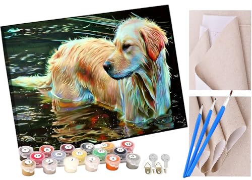 KANGBAWA Malen Nach Zahlen Erwachsene Golden Retriever Hund im Wasser DIY Handgemalt Ölgemälde Leinwand Kits Mit Pinsels und Acrylfarbe Als Geschenke und Heimdekoration Ohne Rahmen 40 x 50 cm von KANGBAWA