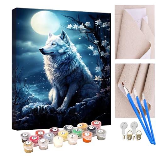 KANGBAWA Malen Nach Zahlen Erwachsene Schöner Mondweißer Wolf (10) DIY Handgemalt Ölgemälde Leinwand Kits Mit Pinsels und Acrylfarbe Als Geschenke und Heimdekoration Ohne Rahmen 40 x 50 cm von KANGBAWA