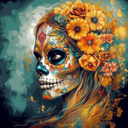 KANGBAWA Malen Nach Zahlen Erwachsene Sugar Skull Totenkopf Zeichnung Blume (35) DIY Handgemalt Ölgemälde Kit für Anfänger und Erwachsene Mit 3-Pinseln und Acrylfarbe, Ohne Rahmen 40X50CM von KANGBAWA