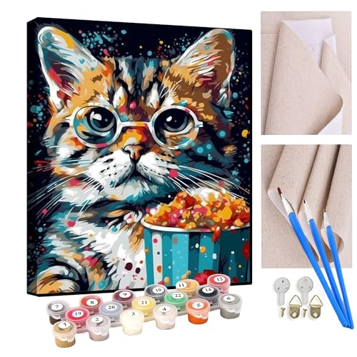 KANGBAWA Malen Nach Zahlen Erwachsene Tier Katze Popcorn DIY Handgemalt Ölgemälde Leinwand Kits Mit Pinsels und Acrylfarbe Als Geschenke und Heimdekoration Ohne Rahmen 40 x 50 cm von KANGBAWA