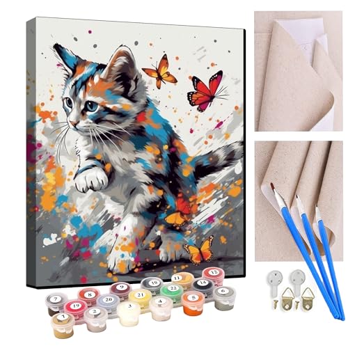 KANGBAWA Malen Nach Zahlen Erwachsene Tiere Katze und Schmetterling (7) AnfäNger Knitterfreie Leinwand Pinsels Und Acrylfarbe - Diy Handgemalt öLgemäLde Kit Als Geschenk 40 X 50cm von KANGBAWA