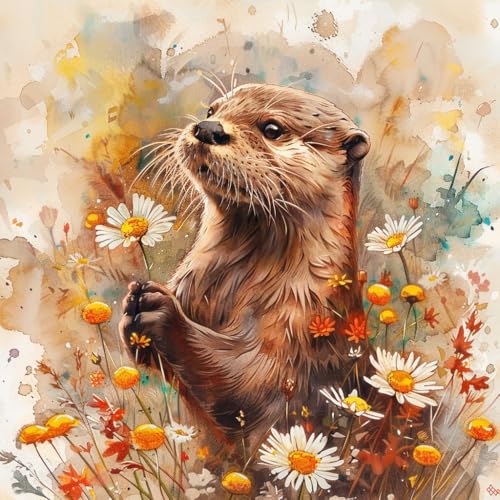 KANGBAWA Malen nach Zahlen Erwachsene Aquarell Otter Tier Blumen (3) Malsets für Erwachsene mit Pinseln Malen nach Zahlen auf Leinwand Acryl Pigment Kunsthandwerk 40 x 50 cm(rahmenlos) von KANGBAWA