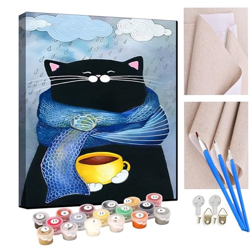 KANGBAWA Malen nach Zahlen Erwachsene Cartoon Katze Tier trinken Tee DIY Malen nach Zahlen Kits auf Leinwand Acrylmalerei mit Pinseln Leinwand Geschenke Kunsthandwerk 40 x 50 cm(rahmenlos) von KANGBAWA