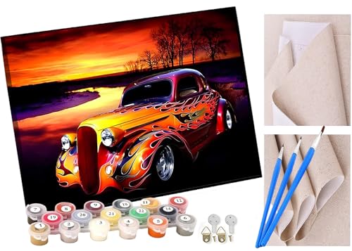 KANGBAWA Malen nach Zahlen Erwachsene Feuer Retro Auto DIY Malen nach Zahlen Kits auf Leinwand Acrylmalerei mit Pinseln Leinwand Geschenke Kunsthandwerk 40 x 50 cm(rahmenlos) von KANGBAWA