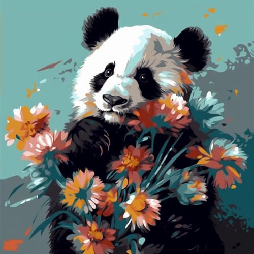 KANGBAWA Malen nach Zahlen Erwachsene Panda Panda hält Blumen (1) DIY Malen nach Zahlen Kits auf Leinwand Acrylmalerei mit Pinseln Leinwand Geschenke Kunsthandwerk 40 x 50 cm(rahmenlos) von KANGBAWA