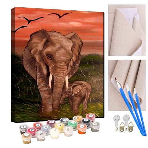 KANGBAWA Malen nach Zahlen Erwachsene Zwei Elefanten Tiere lustig DIY Malen nach Zahlen Kits auf Leinwand Acrylmalerei mit Pinseln Leinwand Geschenke Kunsthandwerk 40 x 50 cm(rahmenlos) von KANGBAWA